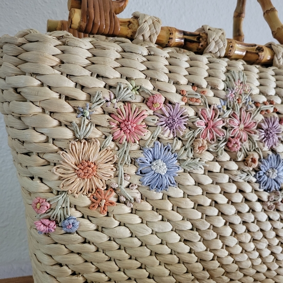 CAPPELLI STRAWORLD Raffia Floral Handbag with Bamboo Handles - Picture 2 of 11